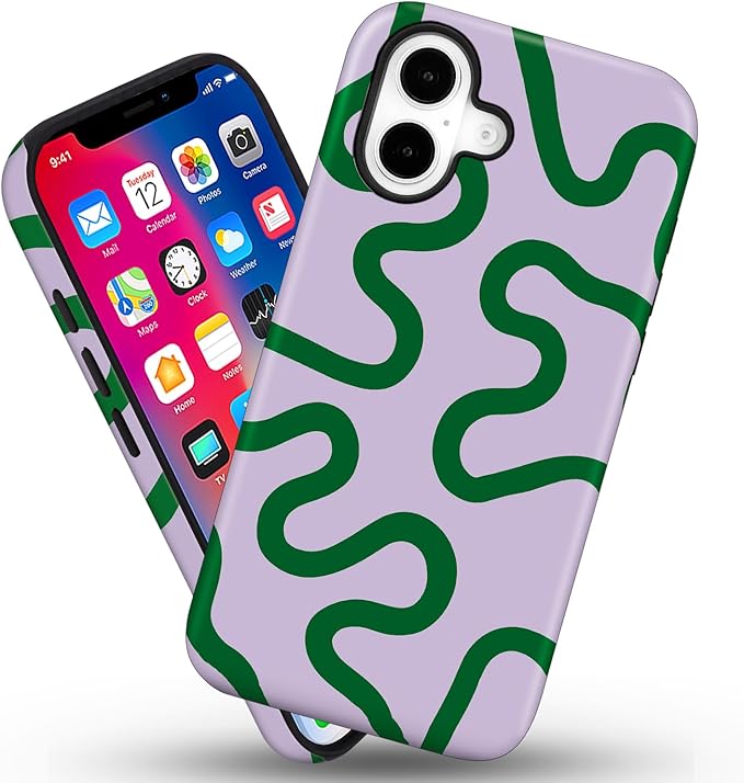 Magnetic for iPhone 17 Case Cute Curved Stripes Phone Case, Shockproof Slim TPU and Hard PC Protective Phone Cover Compatible with MagSafe Designed for Women Girls,Green