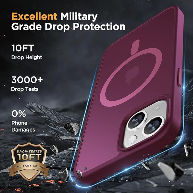 Miracase Magnetic for iPhone 14 Case 6.1 inch (Compatible with MagSafe)（with 2X Screen Protectors） Military-Grade Protection, Anti-Fingerprint Translucent Matte Phone Case Cover, Wine Red