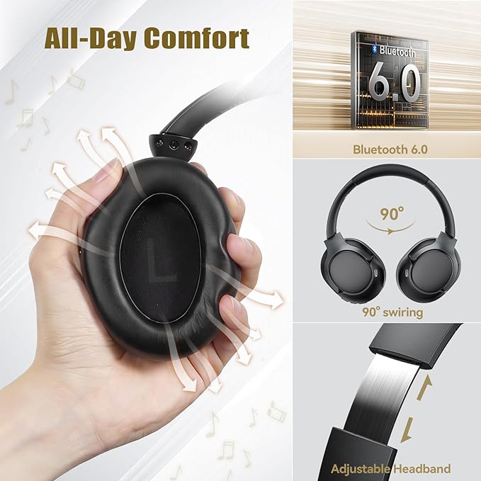 TECKNET Hybrid Active Noise Cancelling Headphones, Bluetooth 6.0 Wireless Headphones, 70H Playtime and 6 EQ Music Modes with 3.5mm Cord, Over Ear Headphones for Travel Work Cellphone - Black