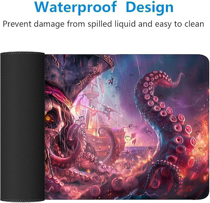 Octopus Pirate Skull Desk Mat Black Ship Large Gaming Mouse Mat with Stitched Edges,Non-Slip Waterproof Rubber Base Mous Mat 31.5"x11.8" Office Computer Keyboard Laptop Home