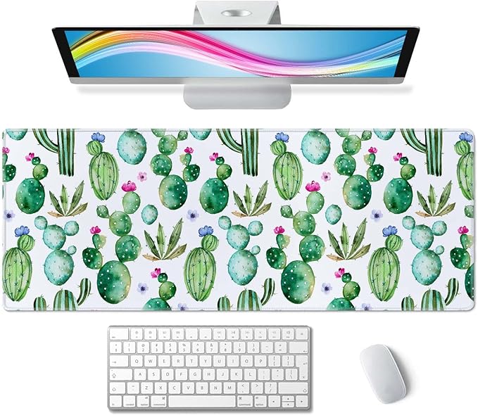 Large Gaming Mouse Pad with Stitched Edges, Desk Pad Extended Keyboard Mat, Non-Slip Rubber Base Mousepads for Laptop, Office, Home, 31.5X11.8 inch Watercolor Cactus and Flowers