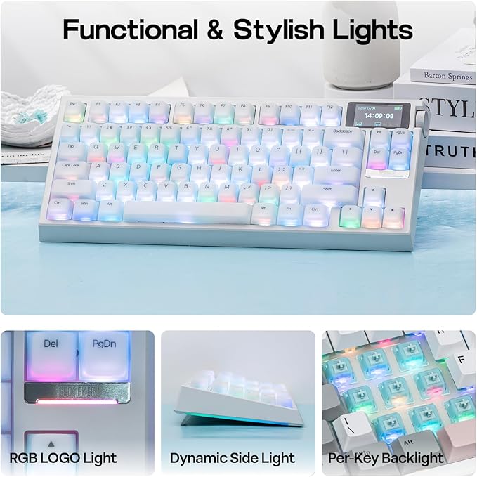 EPOMAKER G84 PRO Wireless Gaming Keyboard with Screen&Knob, 75% Creamy Mechanical Keyboard, 8000mAh, Hot Swappable, Silicone Keycaps, BT5.0/2.4G/USB-C Mode, NKRO, RGB (White, Creamy Jade Switch)