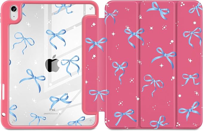 Case for iPad Air 13 inch 2026 M4 2025 M3 2024 M2 Release Slim Lightweight Shockproof Cute Hot Pink Cover with Clear Back TPU Edge Pencil Holder Trifold Stand Auto Wake Sleep, Ribbons