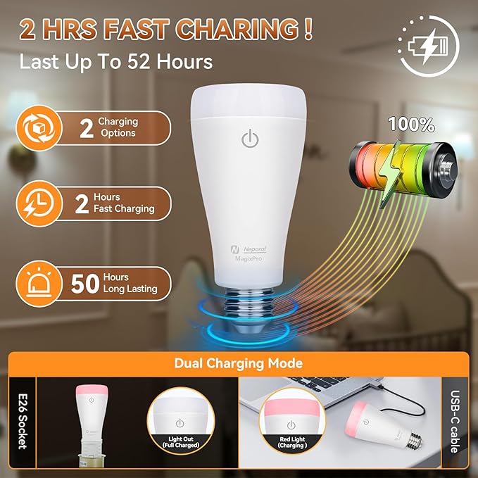 Neporal MAGIXPRO Smart Rechargeable Light Bulbs with Remote, USB+Socket Rechargeable Battery Operated Light Bulb, 2 Hrs Fast Charging Last 5-52 Hrs, 9+3 Colors, 4 Pack (MagixPro RGB, 4)
