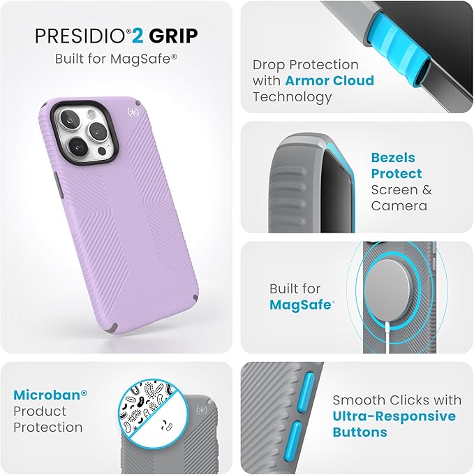Speck iPhone 15 Pro Max Case - Built for MagSafe, Drop Protection Grip - Scratch Resistant, Soft Touch, 6.7 Inch Phone Case - Presidio2 Grip Spring Purple/Cloudy Grey/White