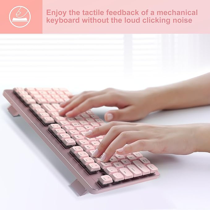 LeadsaiL Wireless Keyboard and Mouse Combo, 2.4Ghz Cordless Mechanical Keyboard and Silent Mouse for Business, Low-Profile Red Switch, 98-Key Compact Slim Keyboard for Windows/MacOS PC Laptop - Pink