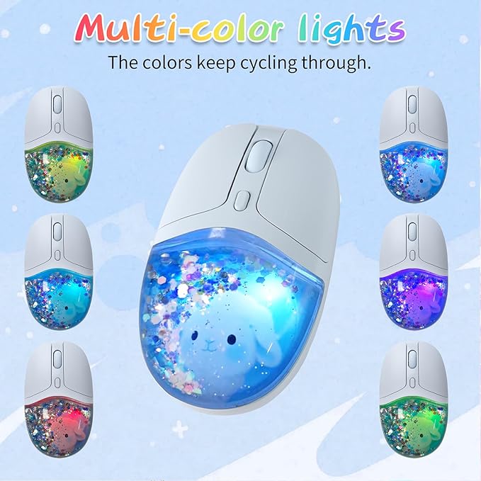 elec Space Wireless Bluetooth Mouse -Cute Clear Aqua Design, Glitter Liquid Sand Water Mouse with Optical Precision, Silent Clicks, LED Breathing Light,Transparent Retro Style for Home Office (Blue)