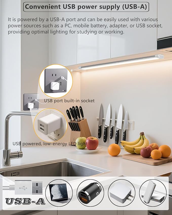 15.7in Strip Lights Closet Lights, 12W 88 LED Super Bright, Dimming and Color Adjustment, USB Powered LED Light Bar for Room Under Counter Lighting Work Tables Student Dormitory Monitor Light