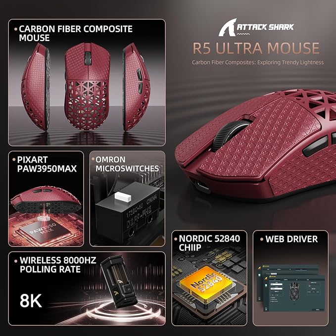 ATTACK SHARK R5 Ultra Wireless Gaming Mouse,Carbon Fiber Shell 39g Superlight,PAW3950MAX Nordic 52840 MCU 8K Polling 42K DPI Optical Sensor,BT/2.4G/USB-C Wired Mice with Coiled Cable-Red&Griptape