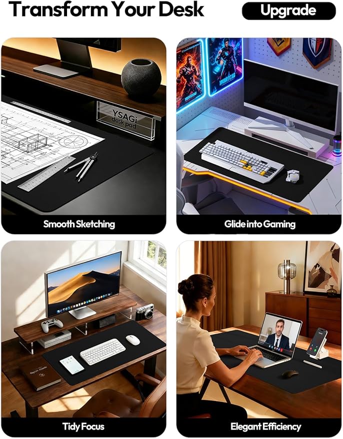 YSAGi Leather Desk Protector, Office Mat, Large Mouse Mat, Non-Slip PU Leather Blotter, Laptop Desk Pad, Waterproof Writing Pad for Office and Home (Black, 47.2" x 23.6")