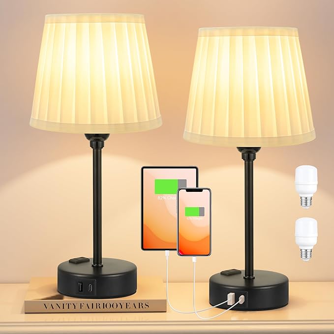 White Bedside Lamps for bedrooms Set of 2 - White Pleated Lamp Shade with USB Charging Ports, Touch Lamps for Nighstand, Night Stand Lamp for Dorm/Office/Living Room/Class Room