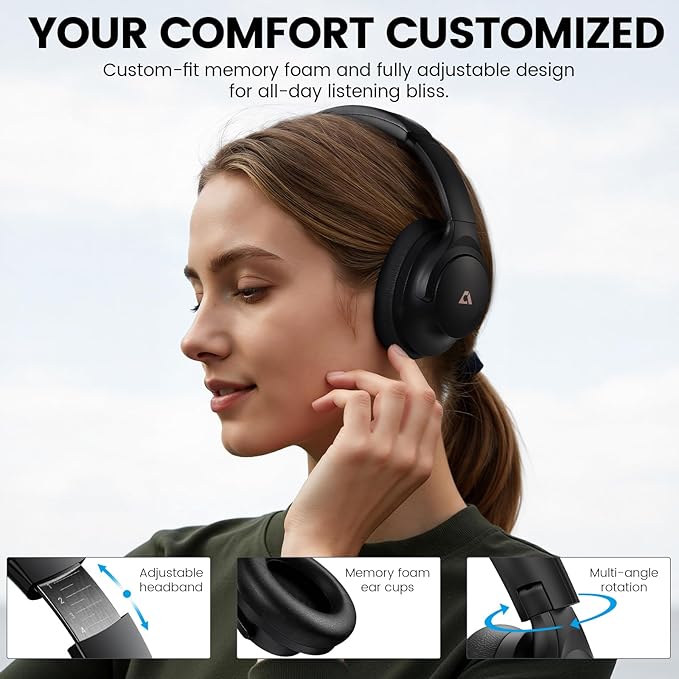 1Mii Y8+ Hybrid Active Noise Cancelling Headphones, 100H Playtime, Bluetooth 6.0 Over Ear LDAC Wireless Hi-Res Audio & Deep Bass, Comfortable for Travel Airplane Home Office, Custom EQ via App, Black