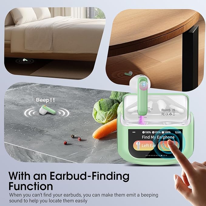 Wireless Earbuds, Bluetooth 5.4 Headphones with Multifunctional Touch Screen, 48H Bass Stereo Ear Buds with ANC/ENC Noise Cancelling/Transparency Mode, IPX7 Earphones with 5 EQ Modes, Grass Green