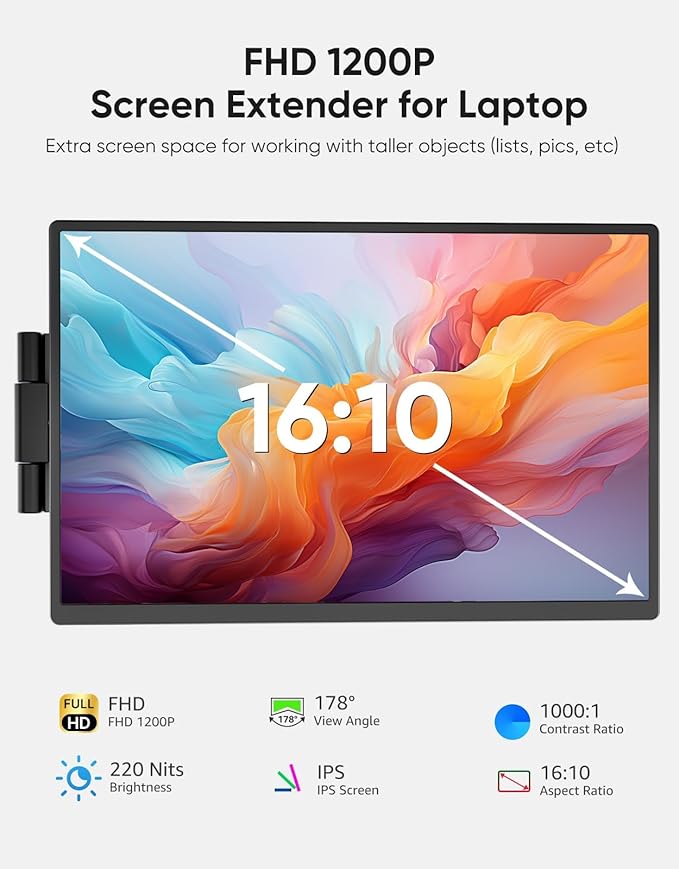 Dopesplay Laptop Screen Extender, 14" FHD 1200P IPS External Portable Monitor for Laptop, Plug & Play Dual Screen Monitor for 14"-17" Laptops, Compatible with Mac, Wins, Chrome, Android, Dex