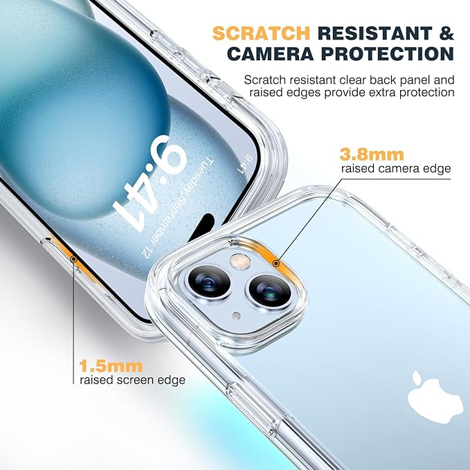 Diaclara Designed for iPhone 15 Plus Case 6.7'', Full Body Rugged Case w/Built-in Touch Sensitive Anti-Scratch Screen Protector+9H Glass Camera Lens Protector, Clear