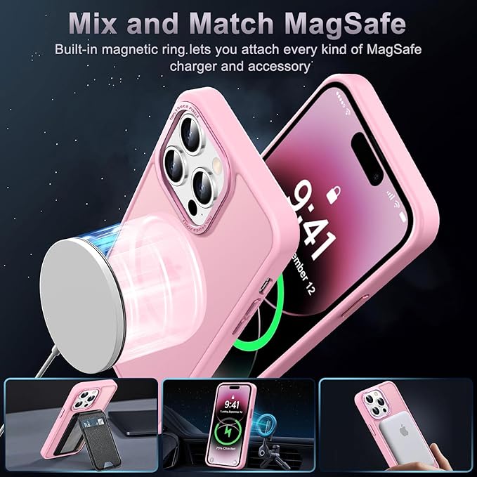 Newfuture Designed for iPhone 14 Pro Max Case with Magnetic [13 FT Military Drop Protection] [Compatible with Magsafe] Slim Translucent Matte Shockproof with Anti-Fingerprint Phone Case, Chalk Pink