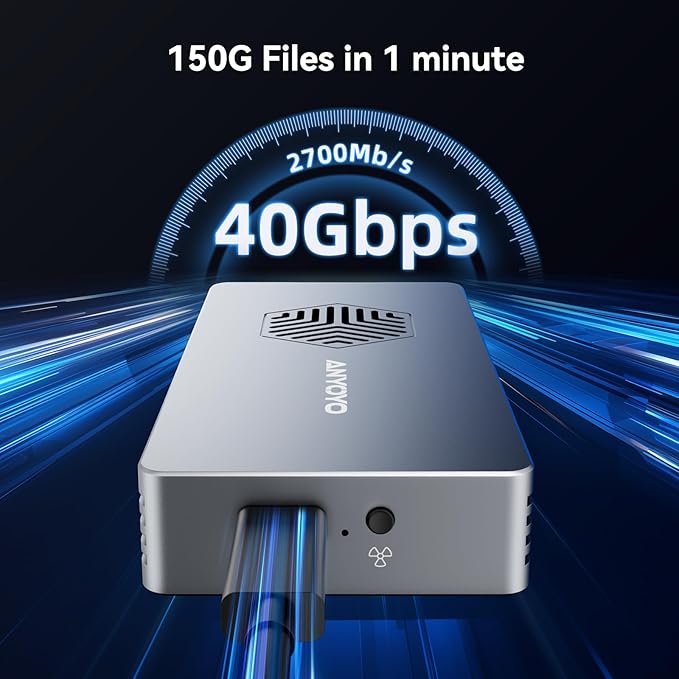 ANYOYO 40Gbps M.2 NVMe SSD Enclosure with Cooling Fan, Aluminium Alloy Enclosure Compatible with Thunderbolt 4/3/USB4, Support M/B+M Key SSD, Tool-Free Installation