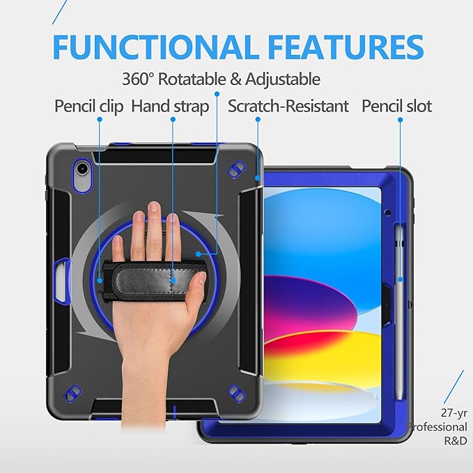Case for iPad (A16) 11th/10th Generation Case: Protective Cover for iPad 11th Gen 11 Inch 2025 &10th Gen 10.9" 2022 with Screen Protector- Stand- Shoulder Strap- Handle- Pencil Holder-Blue+Black