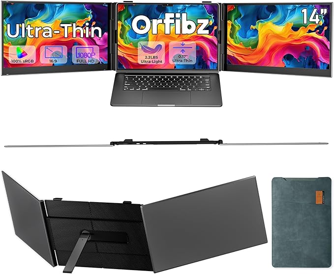 Laptop Screen Extender Ultra Thin, 14" FHD 1080P Triple Portable Monitor for Laptops 13-17.3", 2.2 LB Lightweight Laptop Monitor Extender with USB-C/HDMI Port, Plug-Play for Mac/Windows/PS5/Android