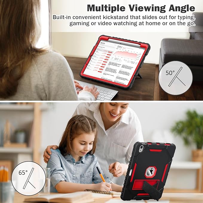 Grifobes Case for iPad Air 11-inch (M4/M3/M2) 2026/2025/2024, for iPad Air 5th/4th Generation 2022/2020 10.9", Heavy Duty Rugged Cover with Stand/Pencil Holder for i Pad Air 5 4 Gen(Black+Red)