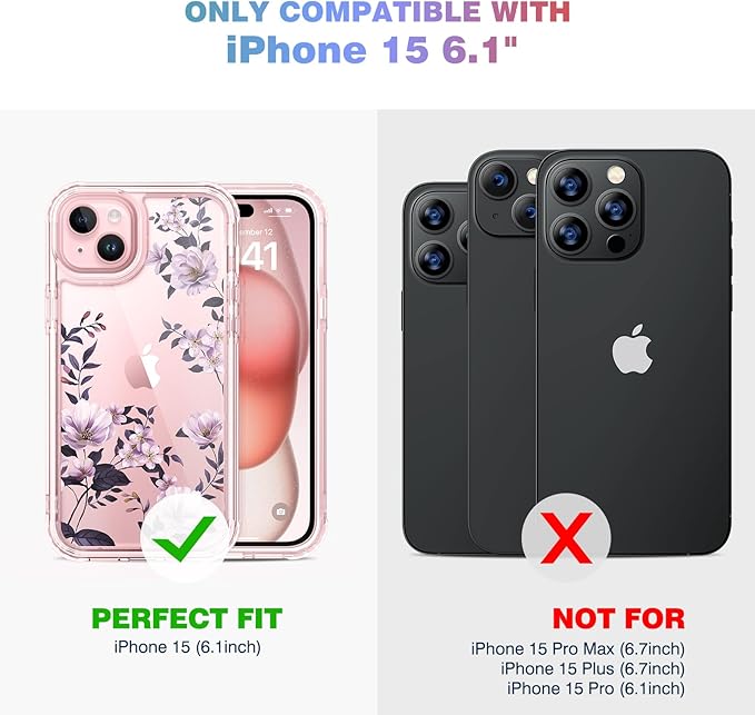 Diaclara Designed for iPhone 15 Case, Full Body Rugged Case with Built-in Touch Sensitive Anti-Scratch Screen Protector, with Camera Lens Protector for iPhone 15 6.1" (Camellia)