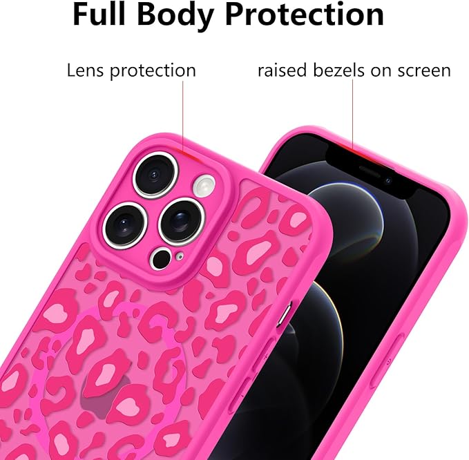 KANGHAR Case for iPhone 12 Pro Max Hot Pink Leopard Printed Pattern Cute Cheetah [Compatible with Magsafe] Protective Magnetic Case for Girls Women 6.7"