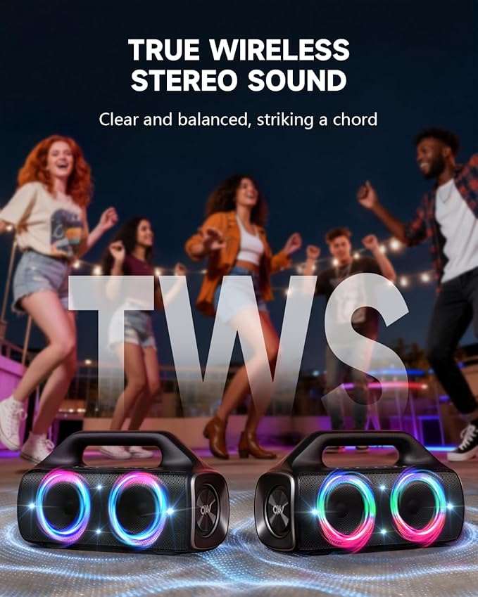 IPX67 Waterproof Bluetooth Speaker:80W(Peak) Loud Outdoor Portable Wireless Party Speakers with LED Lights,20H Playtime,Bluetooth 5.3,Deep Bass & TWS for Pool,Beach