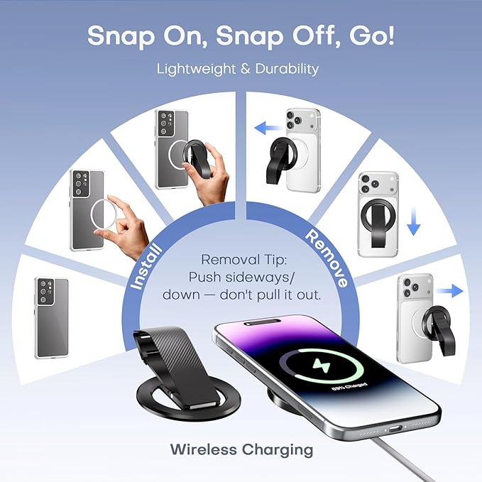 SINCEHOLY for MagSafe Phone Grip Ring, Magnetic Phone Holder with Silicone Finger Strap, 360° Rotating Dual-Axis Kickstand, N52 Magnetic Phone Stand Grip for Mag Safe iPhone 17/16/15/14/13/12, Black