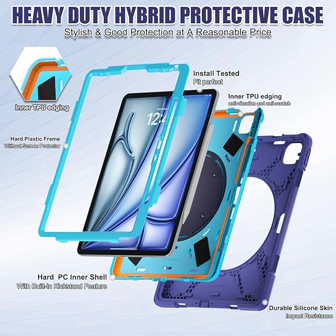 SCSVPN Case for iPad Air 13 inch M4 2026/ M3 2025/ M2 2024 & iPad Pro 12.9'' 6th/5th/4th/3rd Generation 2022 2021 2020 2018, Protective Cover with Pencil Holder-Stand-Handle-Shoulder Strap, Navy Blue
