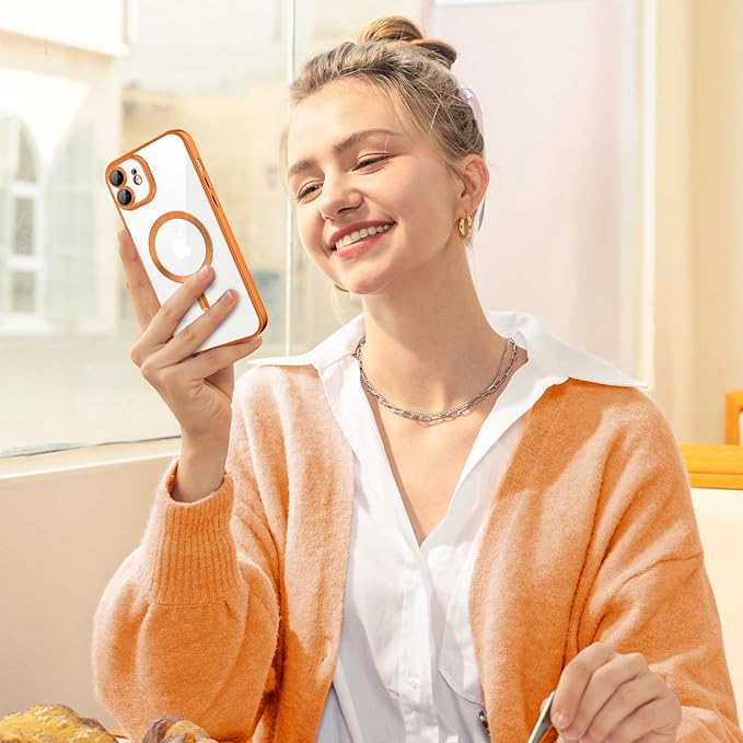 Hython Magnetic Clear for iPhone 12 Case with Camera Lens Protector [Compatible with MagSafe] Luxury Plating Edge Slim Soft TPU Cover Protective Phone Case for iPhone 12 6.1", Matte Orange