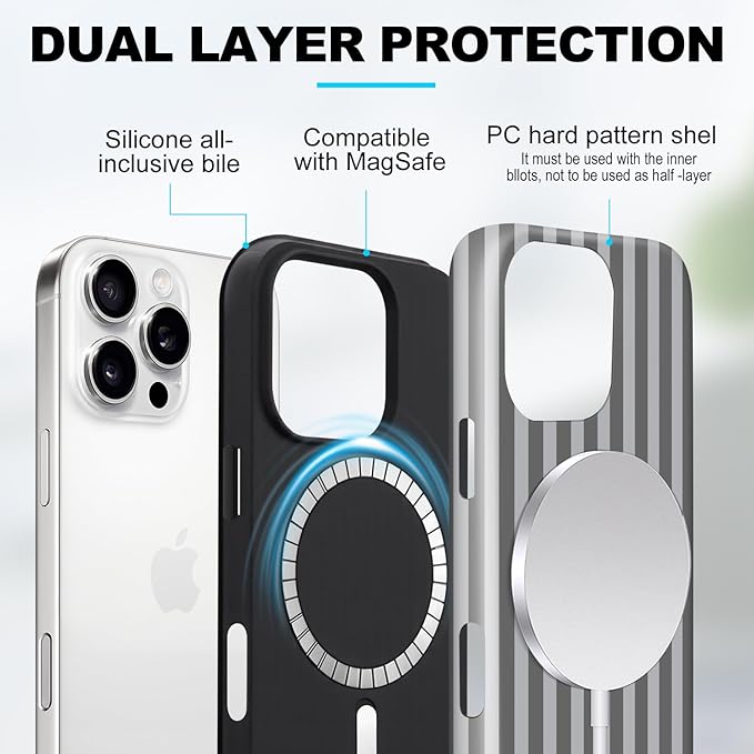 Magnetic for iPhone 16 Pro Max Case Cute Stripes Phone Case, Shockproof Slim TPU and Hard PC Protective Phone Cover Compatible with MagSafe Designed for Women Girls, Gray