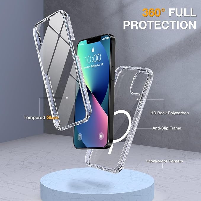 Miracase for iPhone 13 Case 6.1'', [Bubble Free] Full-Body Bumper Phone case with Built-in Full Glass Screen,No Gap,Compatible with MagSafe,Drop Proof 13 Cover,Clear Glitter