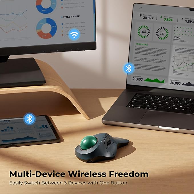 Wireless Trackball Mouse for Large Hands, Ergonomic Index Finger Control, Rechargeable Bluetooth/USB Mouse with Precise Smooth Tracking, Multi-Device Connection for Windows & Mac, Green