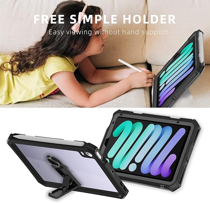Waterproof Case Compatible with iPad mini 7&6 6th Generation 8.3 Inch, Full Body Heavy Duty Protection with Built-in Screen Protector, Pencil Holder, Strap, Shockproof Tablet Case