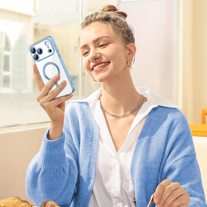 Hython Magnetic Clear for iPhone 17 Pro Max Case with Camera Lens Protector [Compatible with MagSafe] Plating Edge Slim Soft TPU Cover Protective Phone Case for 17 Pro Max 6.9", Matte Light Blue