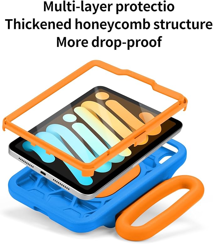 Kids Case for iPad mini 7 (A17 Pro) 2024 /iPad Mini6 2021,Adjustable Portrait/Landscape Stand//Drop Proof with Handle/Kickstand,Child Friendly Case for iPad mini 7th/6th Gen 8.3inch (Blueorange)