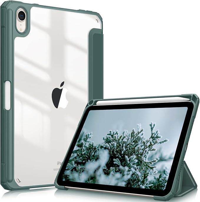 Fintie Hybrid Slim Case for iPad Mini 7 (A17 Pro, 7th Generation) 2024 / iPad Mini 6 (6th Gen) 8.3 Inch, [Built-in Pencil Holder] Shockproof Cover Clear Transparent Back Shell, Midnight Green