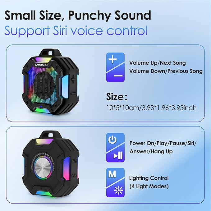 Shower Speaker Bluetooth 5.4, IPX7 Waterproof Portable Bluetooth Speakers with LED Lights, 24H Playtime, TWS Pairing for Dual Stereo Sound, Detachable carabiner for Outdoor Pool Beach Gift -Black