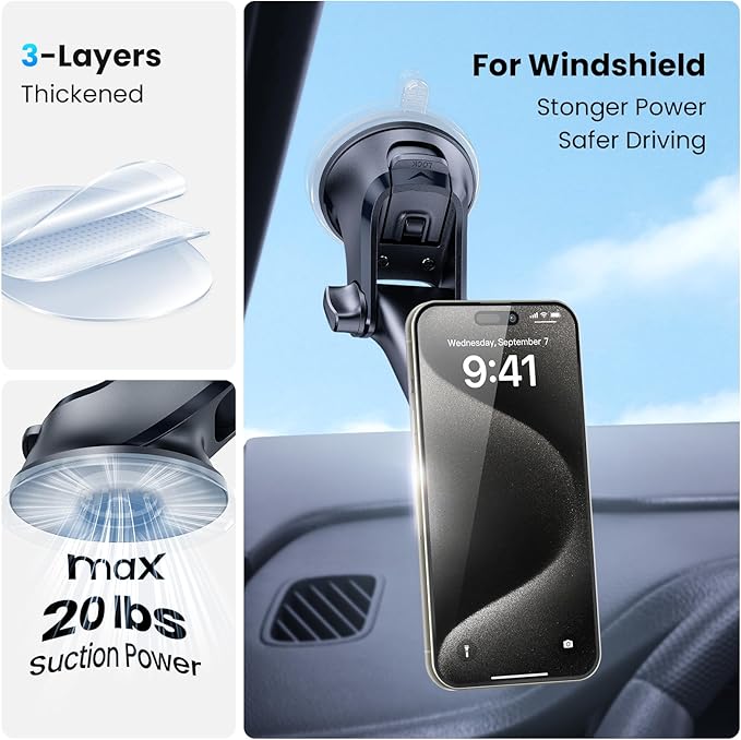 APPS2Car Magnetic Phone Mount for Car, Dashboard & Windshield Suction Cup Holder with Telescopic Arm, Requires Metal Plate for Proper Use, Fit for Android Smartphones(NOT for MagSafe)