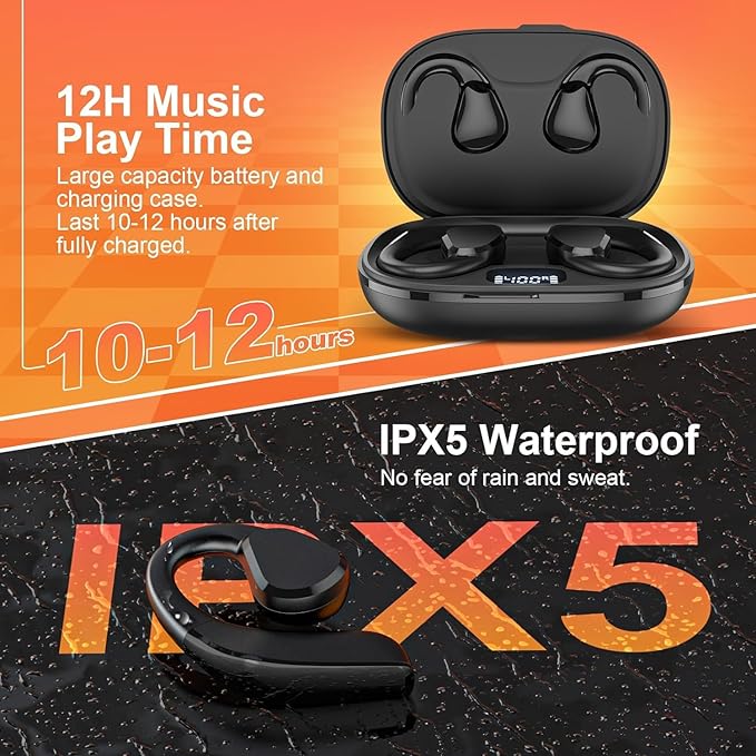TTQ Open Ear, Open Ear True Wireless Headphones Bluetooth 5.3, Sports with Earhooks & Mic, 60H Playtime, Wireless Charging Case & LED Display, Waterproof for Running, Workout、