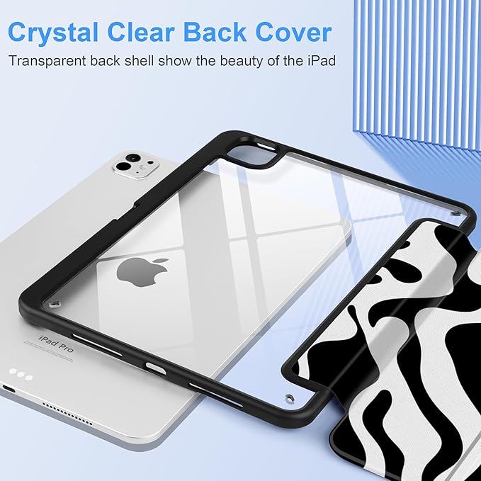 TWOLSKOO Case for iPad Pro 11-inch (M5 2025 / M4 2024), Clear Acrylic Back with TPU Bumper, Pencil Holder, Trifold Stand, Auto Sleep/Wake, Black Waves