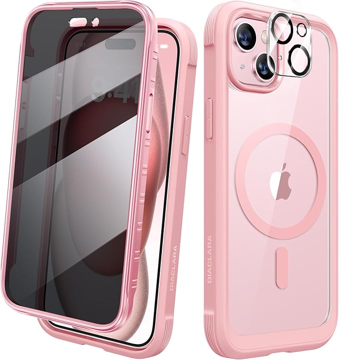 Diaclara Magnetic Designed for iPhone 15 Case, Full Body Rugged Case with Built-in Privacy Touch Sensitive Anti-Scratch Screen Protector, with Camera Lens Protector (Coral Pink)