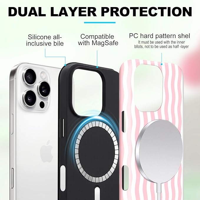 Magnetic for iPhone 13/14 Case Cute Wavy Stripes Phone Case, Shockproof Slim TPU and Hard PC Protective Phone Cover Compatible with MagSafe Designed for Women Girls, Pink