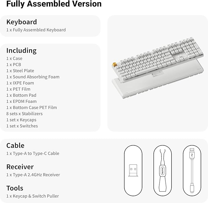 Keychron KJ5 Wireless Custom Mechanical Keyboard, 2.4 GHz Bluetooth QMK Full-Size Layout RGB, Hot-swappable Banana Switch Compatible with Mac Windows Linux, for Gaming Office - White