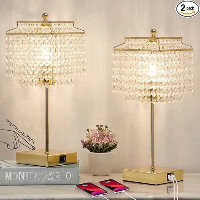 Luvkczc Set of 2 USB Bedside Crystal Table Lamp Gold, Touch Control Lamp, Dimmable Lamp with Crystal Shade for Bedroom, Living Room, 6W LED Bulb Included