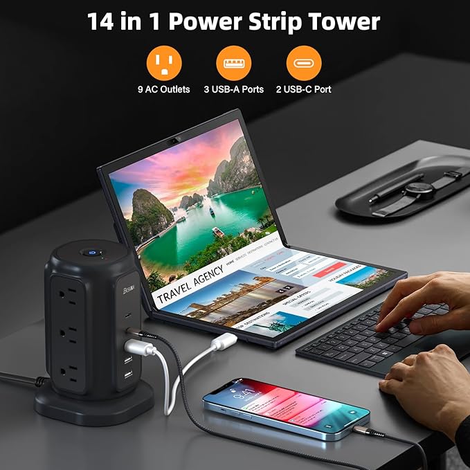 Ultra Slim Flat Plug Power Strip - 6.5ft Ultra Thin Extension Cord with 9 Outlets and 5 USB Ports (2 USB C), 1200J Surge Protector, 45° Angled Flat Plug, Dorm & Home Office Essentials