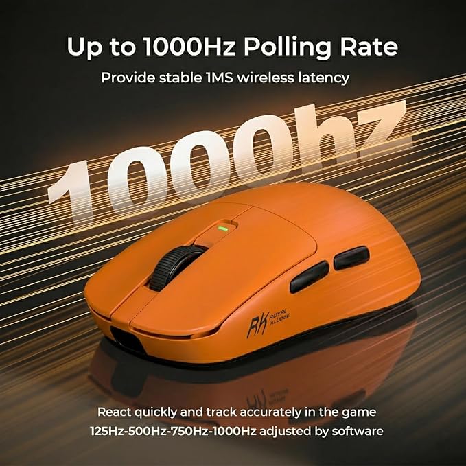 RK ROYAL KLUDGE RK M30 Wireless Gaming Mouse, 43g Ultra-Lightweight Computer Mouse with 2.4GHz/Bluetooth/USB-C, 24000 DPI, Rechargeable PC Game Mice with 5 Programmable Buttons for Win/Mac, Orange