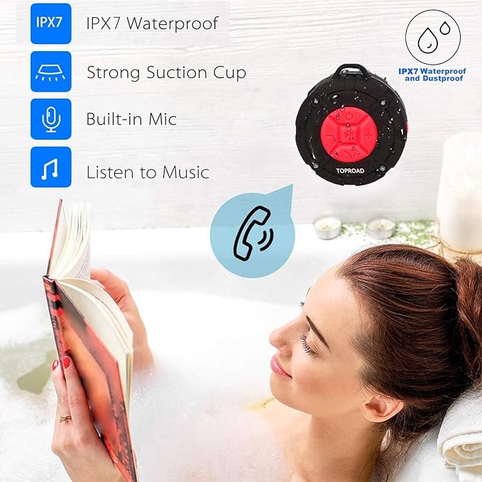 Portable Shower Speaker, IPX7 Waterproof Wireless Outdoor Speaker with HD Sound, 2 Suction Cups, Built-in Mic, Hands-Free Speakerphone for Bathroom, Pool, Beach, Hiking, Bicycle(Red)