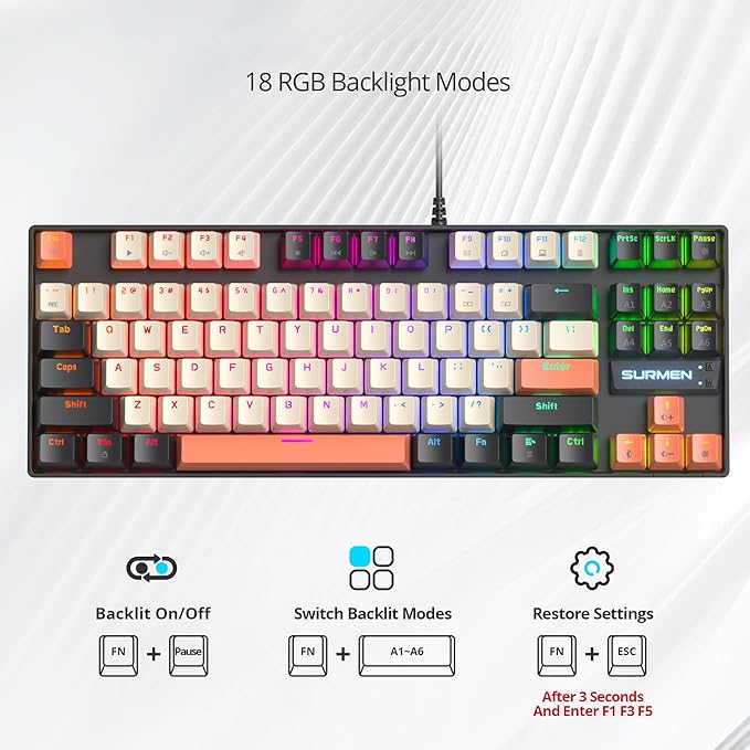 75% Mechanical Gaming Keyboard with Red Switch, RGB LED Backlit Keyboard Orange, 87 Keys Compact TKL Wired Computer Keyboard for Windows Laptop PC Gamer (87 Carbon)