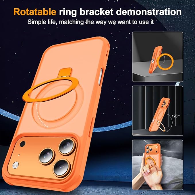 SKYLMW Compatible with iPhone 17 Pro Max Case with Invisible Magnetic O-Ring Stand Military-Grade Translucent Case for iPhone 17 ProMax 6.9" [Compatible with Mag-Safe][Great Grip Feeling],Orange